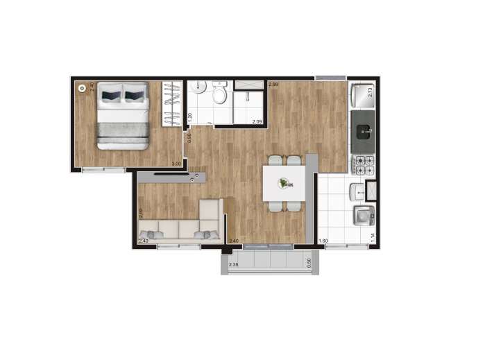 Planta tipo C - 39m² - Ampliado - Apartamento em Centro