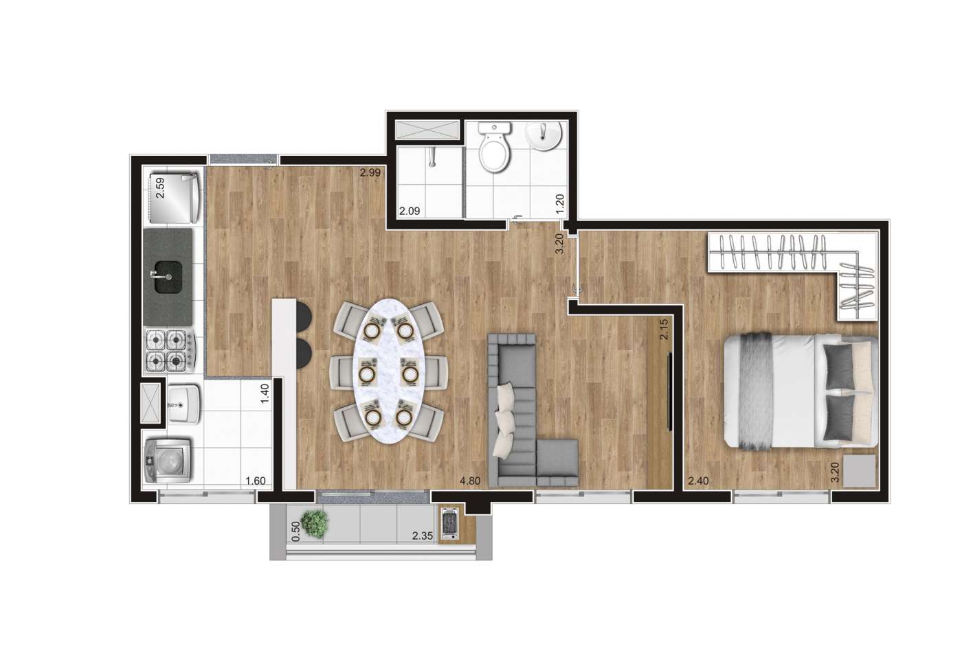 Planta tipo D - 39m² - Ampliada K Centro