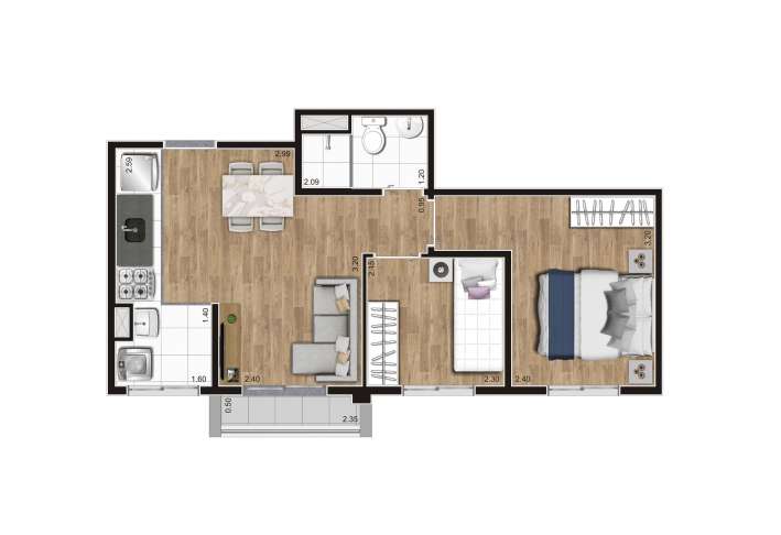 Planta tipo D - 39m² - Apartamento em Centro