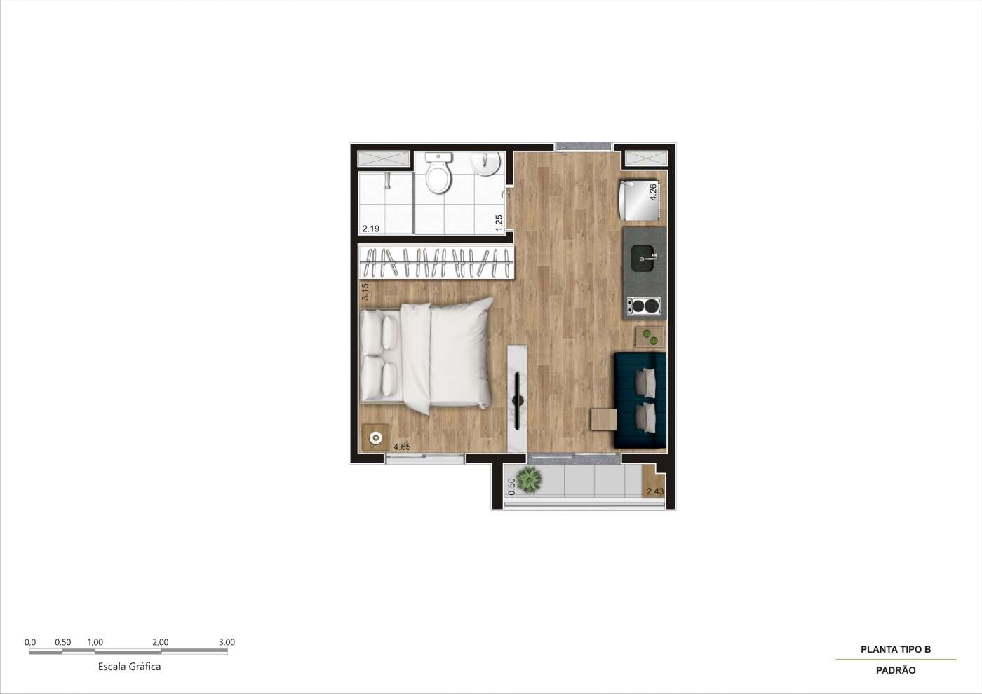Planta Tipo B - 25m² ampliado K Centro