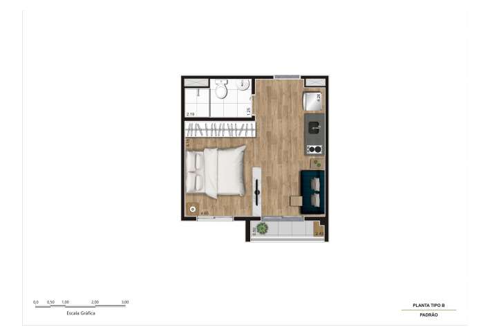 Planta Tipo B - 25m² ampliado - Apartamento em Centro