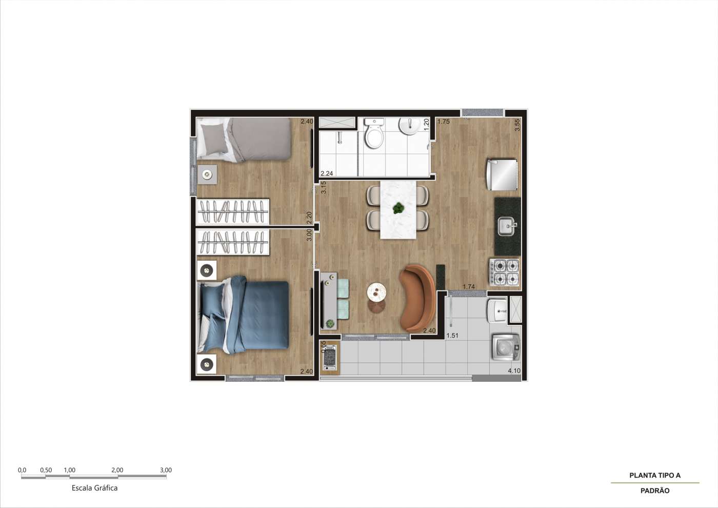 Planta Tipo A -  2 dorms - Ponta 38m² Arena Kazzas Itaquera 2