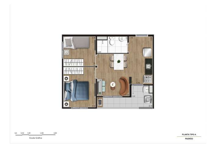 Planta Tipo A -  2 dorms - Ponta 38m² - Apartamento em Itaquera