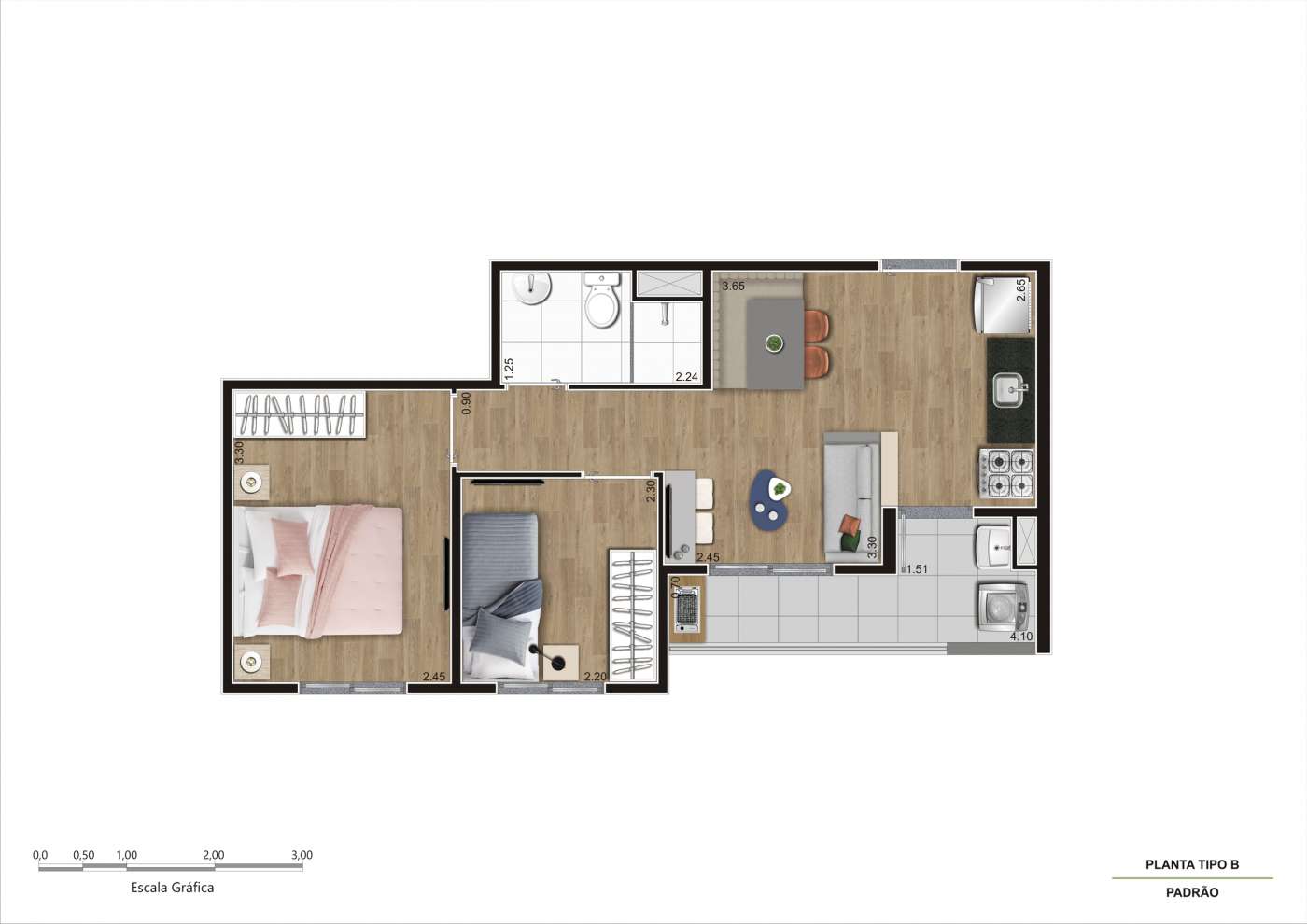 Planta Tipo B -  2 dorms - Meio 39m² Arena Kazzas Itaquera 2