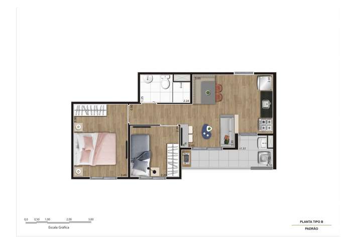 Planta Tipo B -  2 dorms - Meio 39m² - Apartamento em Itaquera