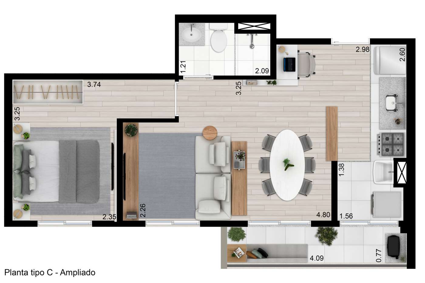 Planta tipo C - 43m² - 1 dorm (sala ampliada) Kazzas Vila dos Remédios