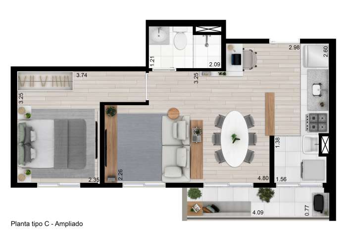 Planta tipo C - 43m² - 1 dorm (sala ampliada) - Apartamento em Vila dos Remédios