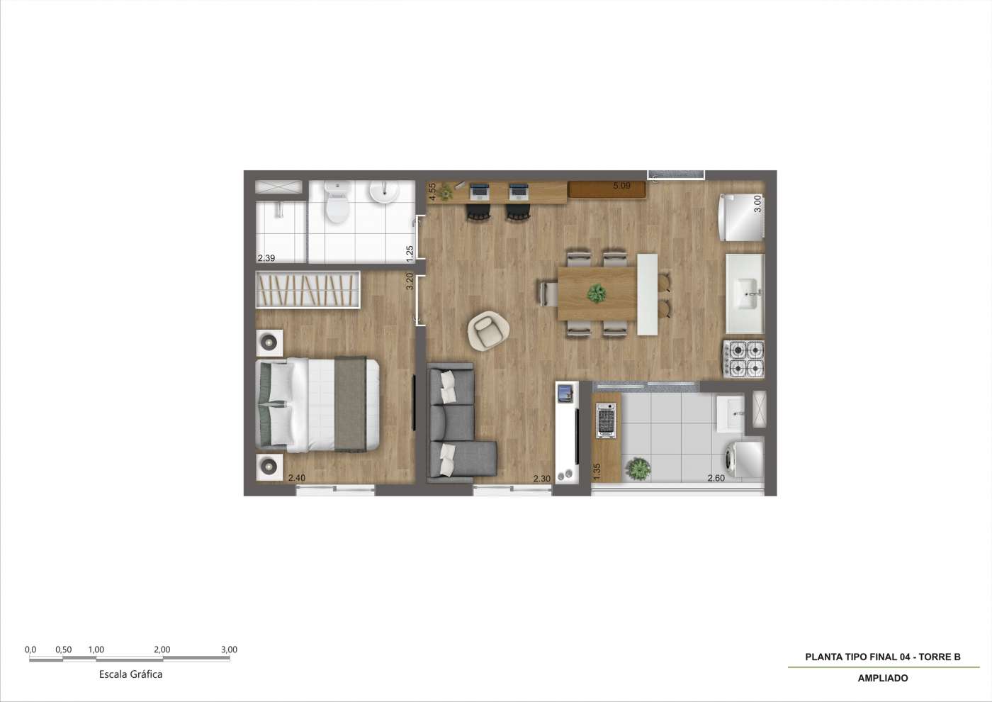 Planta Tipo C - Final 04 (Sala Ampliada) - 37m² Inter Kazzas Interlagos