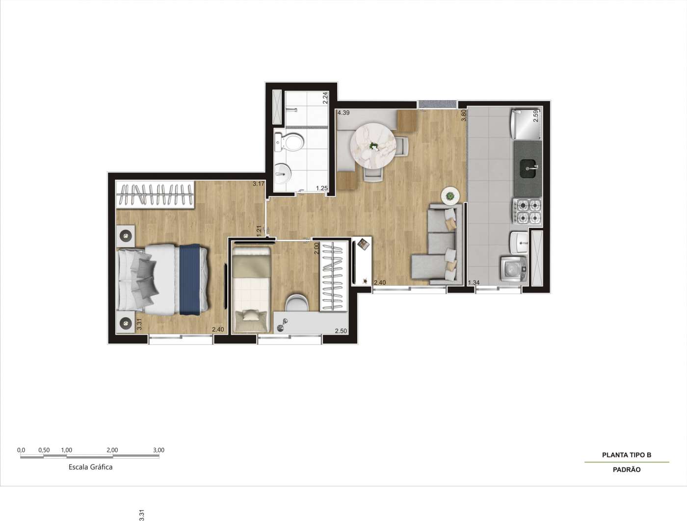 Planta Tipo B - 38m² - Final 4 Arena Kazzas Itaquera