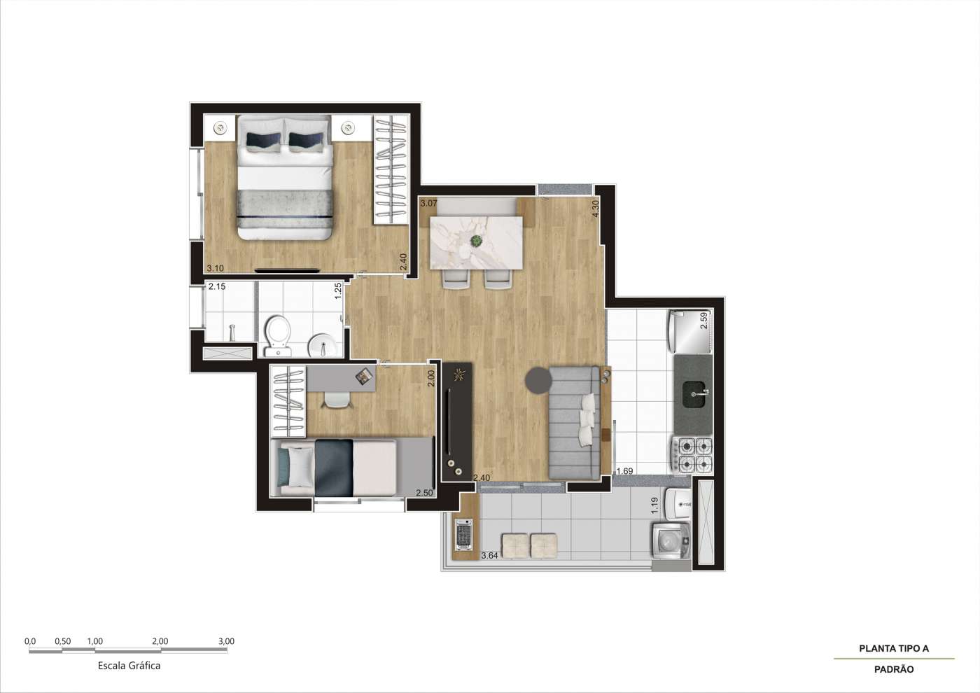 Planta Tipo A - 42m² - Final 2 Arena Kazzas Itaquera