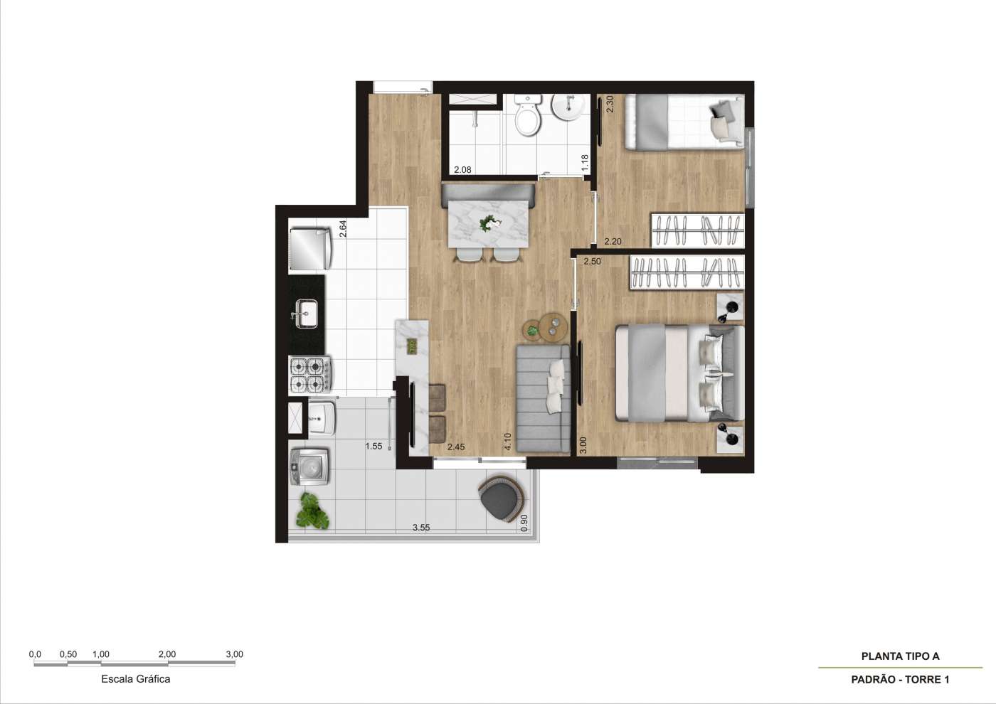 Planta tipo A - 2 dorms (final 2 e 7) - 42m² KZ Conecta Capão Redondo