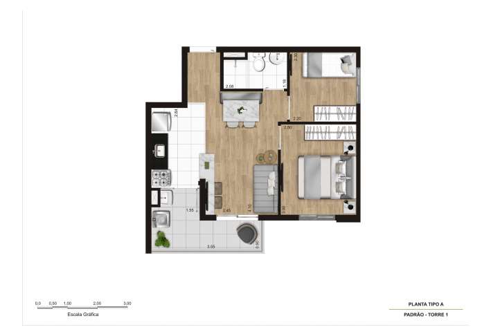 Planta tipo A - 2 dorms (final 2 e 7) - 42m² - Apartamento em Capão Redondo