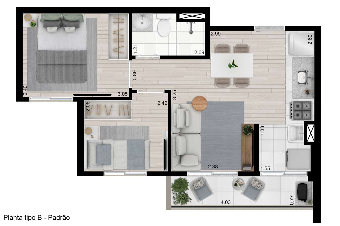 Planta tipo B - 41m² - 2 dorms Kazzas Vila dos Remédios