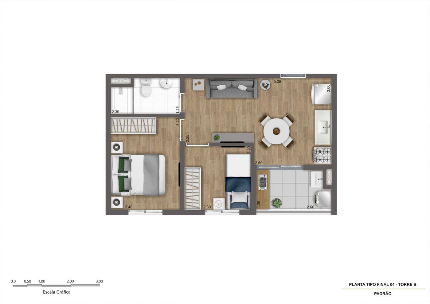 Planta Tipo C - Final 04 - 37m² Inter Kazzas Interlagos