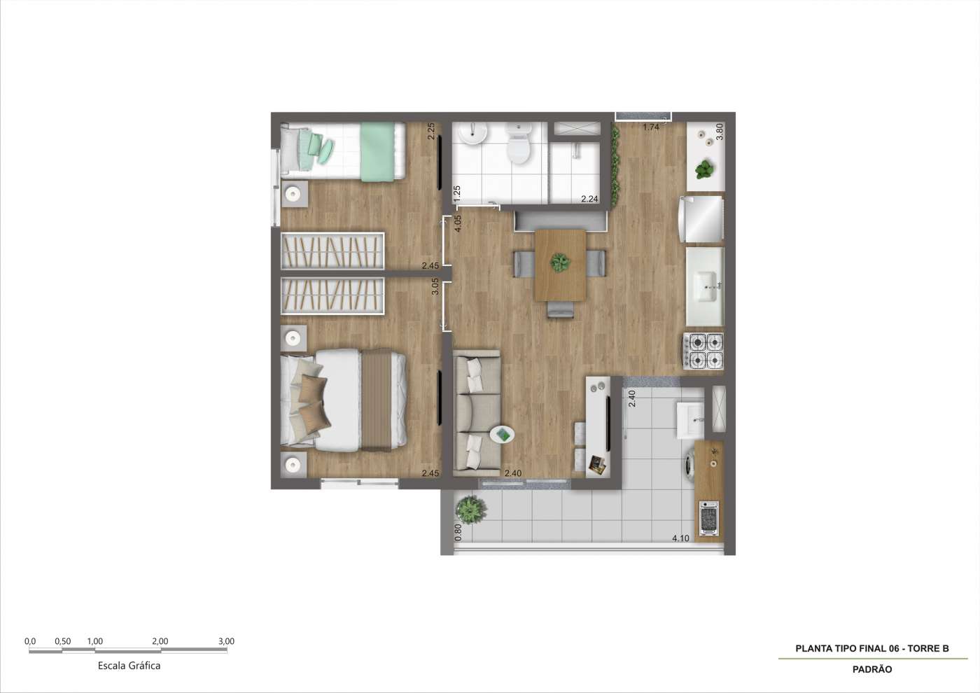 Planta Tipo D - Final 06 - 43m² Inter Kazzas Interlagos