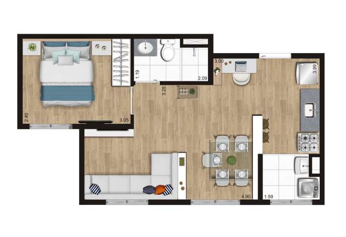 Planta tipo B- 1 DORM (sala ampliada) - Apartamento em Jabaquara