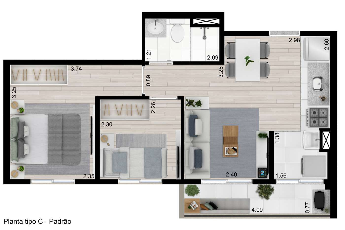 Planta tipo C - 43m² - 2 dorms Kazzas Vila dos Remédios