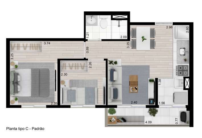 Planta tipo C - 43m² - 2 dorms - Apartamento em Vila dos Remédios