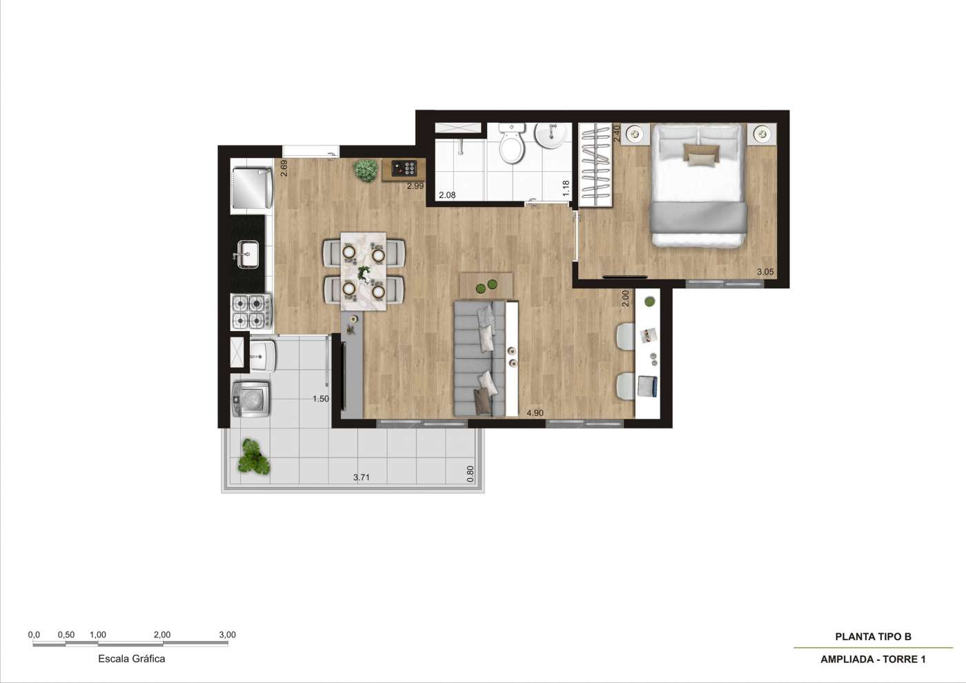 Planta tipo B (t1)- sala ampliada (final 5 e 5) - 40m² KZ Conecta Capão Redondo