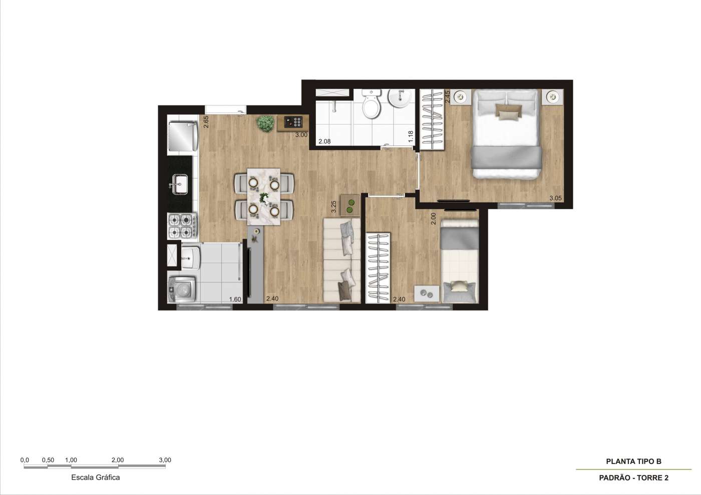 Planta tipo B- 2 dorms (final 9, 5 e 4) - 36m² KZ Conecta Capão Redondo