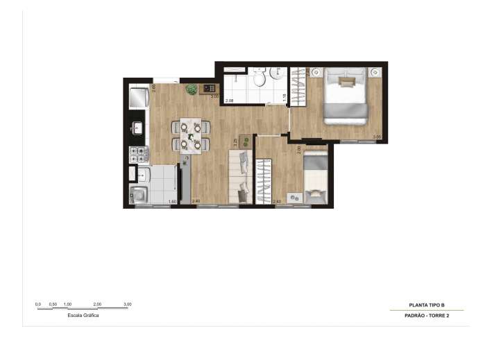 Planta tipo B- 2 dorms (final 9, 5 e 4) - 36m² - Apartamento em Capão Redondo