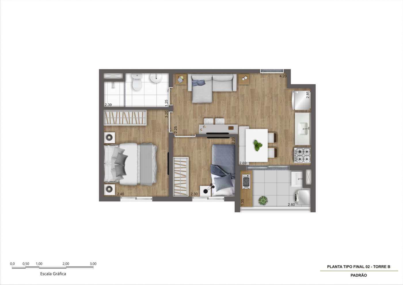 Planta Tipo B - Final 02 - 38m² Inter Kazzas Interlagos