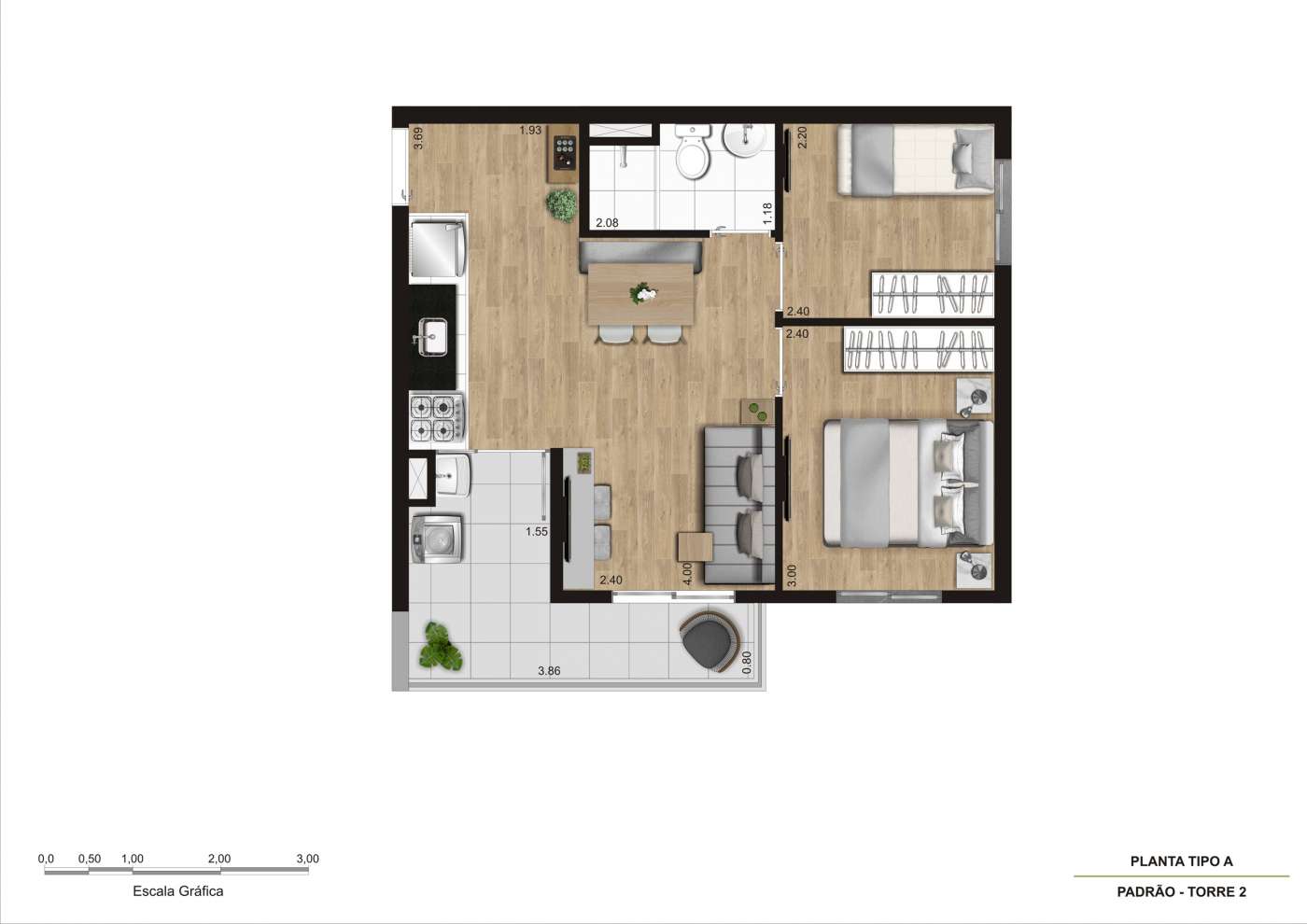 Planta tipo A (t2)- 2 dorms (final 1 e 10) - 42m² KZ Conecta Capão Redondo