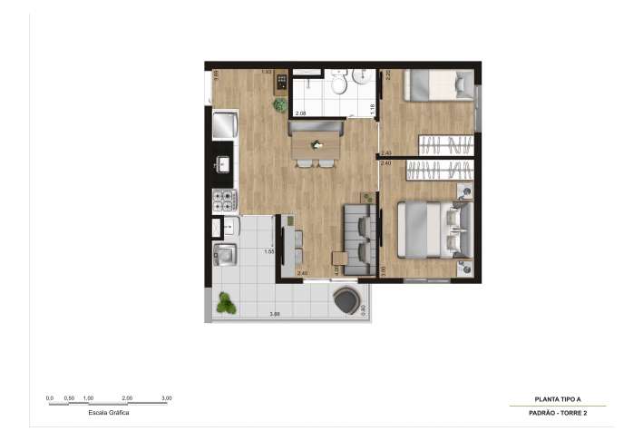 Planta tipo A (t2)- 2 dorms (final 1 e 10) - 42m² - Apartamento em Capão Redondo