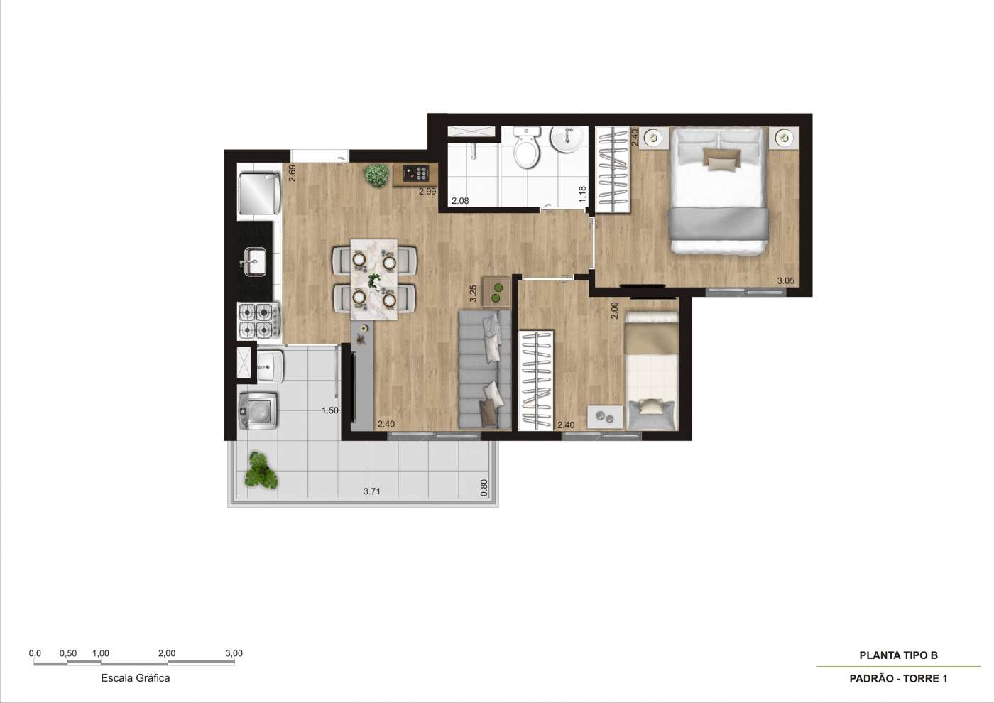 Planta tipo B (t1)- 2 dorms (final 5 e 5) - 40m² KZ Conecta Capão Redondo