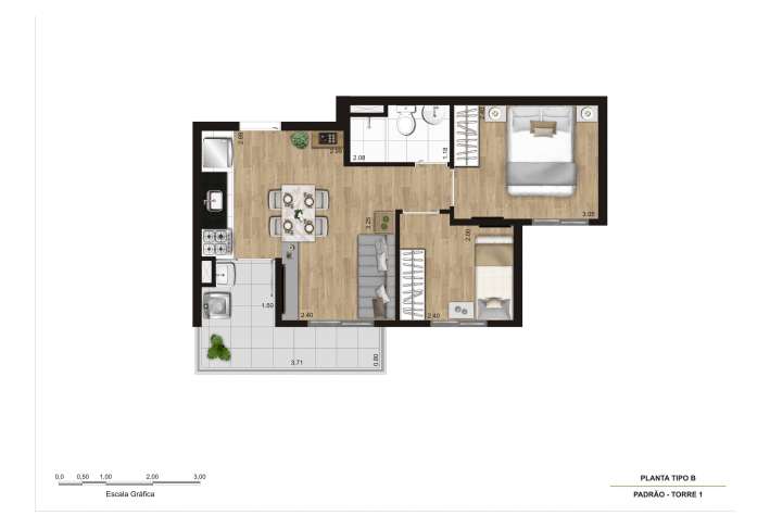 Planta tipo B (t1)- 2 dorms (final 5 e 5) - 40m² - Apartamento em Capão Redondo