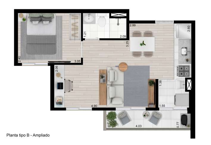 Planta tipo B - 41m² - 1 dorm (sala ampliada) - Apartamento em Vila dos Remédios