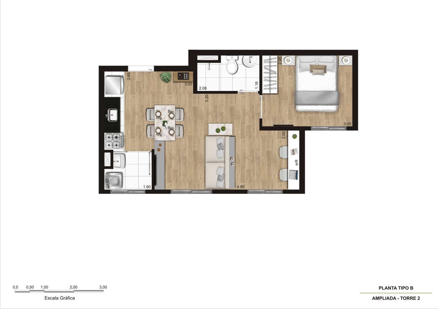 Planta tipo B- sala ampliada (final 9, 5 e 4) - 36m² KZ Conecta Capão Redondo